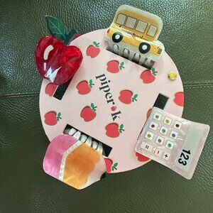 NWT  Piper K back to school hair clips set of 4- Pencil,Calculator, Apple, Bus